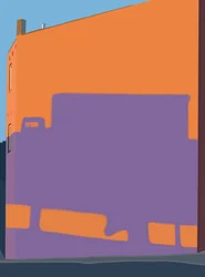 Schatten eines Lastwagens von erhöhter Autobahn an Gebäudeseite