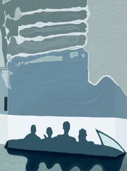 Schatten von Auto und Passagieren auf Hotelfassade