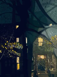 Schatten auf Fenster und Blick über die Straße bei Nacht