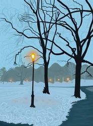 Baum im Pfütze von schmelzendem Schnee gespiegelt, Brooklyn