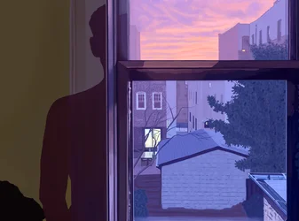 Fenster und mein Schatten an der Wand bei Sonnenuntergang