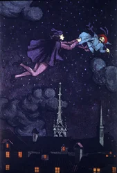 Illustration für den Roman „Der lahme Teufel“ von Alain Rene Lesage (Alain-Rene Le Sage) (1668-1747) (1707). Zeichnung von E.Torrent, ca. 1930.