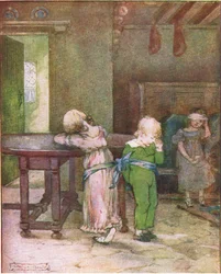 Sie nahm sein blaues Taschentuch und band Lucy und Henry an den Tisch (aus der Geschichte Ein unglücklicher Tag), Illustration aus Eine Treppe von Geschichten, veröffentlicht von Thomas Nelson & Sons Ltd 1940er Jahre (farbig)