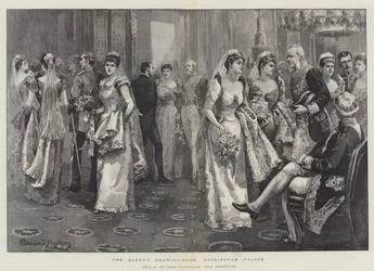 Der Zeichensaal der Königin, Buckingham Palace, Szene im Grünen Zeichensaal nach der Präsentation