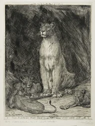Sitzende Löwin und drei Junge, 1888