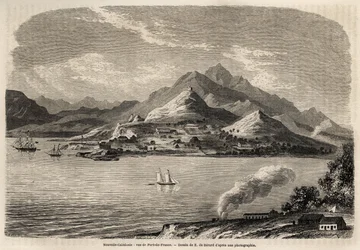Ansicht des Hafens von Frankreich, Neukaledonien, Zeichnung von Evremont de Berard (1824-1881), zur Illustration von Victor de Rochas