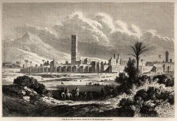 Ansicht der Stadt Marrakesch (ehemals Marokko), Zeichnung von Auguste de Berard (1824-1881), zur Illustration der Reise von Mr.F. Schickler nach Marokko im Jahr 1860. Gravur in „Le tour du monde, nouveau journal des voyages“ Paris