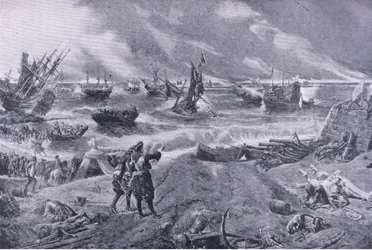 Jakob II. in der Schlacht von La Hogue, 23. Mai 1692, Illustration aus Britische Schlachten zu Land und zu Wasser, 1915
