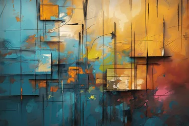 Acrylgemälde auf Leinwand in Blau, Orange und Gelb