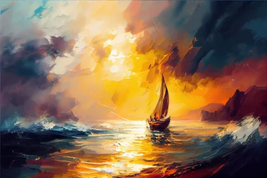 Segelboot auf See, Sonnenaufgangslandschaft