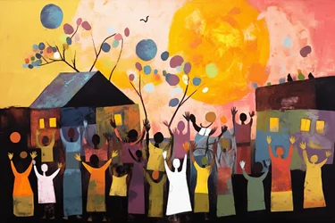 Schulkinder feiern auf dem Schulhof, abstrakte Wandkunst