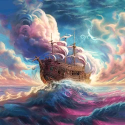 Schiff segelt durch abstrakte Wolken, surrealer Himmel