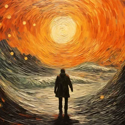 Surreale Szene eines Mannes in den Meereswellen im Stil von Vincent van Gogh