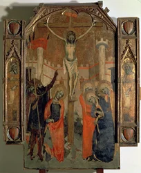 Die Kreuzigung, oberer Teil des zentralen Panels des großen Altarbildes von Almudaina, fertiggestellt 1358