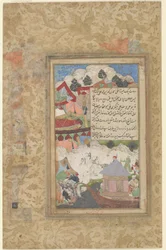 Ein betrunkener Babur kehrt nachts ins Lager zurück, ca. 1589 (Deckfarben und Gold auf Papier)