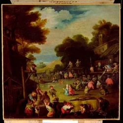 Pygmäen auf einem Jahrmarkt, Wasser aus einem Brunnen schöpfend im Vordergrund und Theateraufführungen beobachtend im Hintergrund