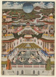 Frauen baden vor einem architektonischen Panorama
