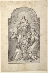 Entwurf für ein Altarbild, Heiliger Dominikus und Heilige Katharina von Siena erhalten den Rosenkranz von der Jungfrau und dem Kind