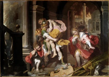 Aeneas trägt seinen Vater Anchises auf den Schultern und flieht aus dem brennenden Troja. Federico Fiori, genannt il Barocci (1528/35-1612), 1598. 179 x 253 cm. Rom, Galleria Borghese