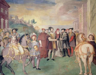 Der Waffenstillstand von Nizza zwischen François I. und Kaiser Karl V. im Jahr 1538, in der Mitte Papst Paul III. Farnese, gewählt 1534