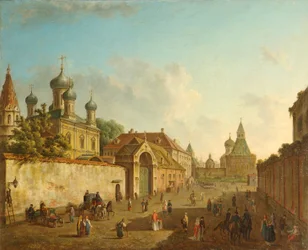 Blick vom Lubjanka-Platz auf das Wladimir-Tor in Moskau, 1800er Jahre