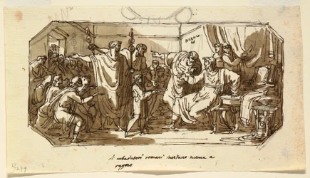 Zeichnung, Deckendesign: Römischer Botschafter bittet den Sabiner Numa Pompilius, über Rom zu herrschen, Sala di Numa Pompilio, Palazzo Milzetti, Faenza, 1802–1805