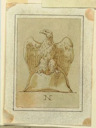 Zeichnung, Entwurf: Adler dargestellt, mit umgekehrten Flügeln, stehend auf einem französischen Zweispitz, ca. 1800