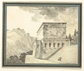 Imaginärer klassischer Tempel in den Bergen