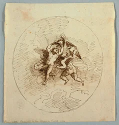 Zwei fliegende Putti mit Waffen