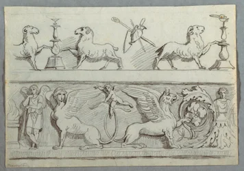 Zwei Friese mit Widdern, Kandelabern, Trophäen und Putti