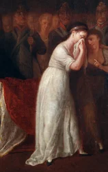 Eine Frau als das Gesetz, das den Status der Mutter innerhalb der Familie regelt, untergeordnet dem des Ehemanns. Detail der Verkündung des Zivilgesetzbuches oder Code Napoleon Bonaparte am 21.03.1804