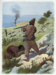 Robinson Crusoe tötet die Wilden, die Freitag verfolgen