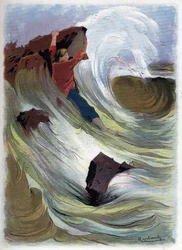 Robinson Crusoe schafft es, sich an einem Felsen festzuhalten.