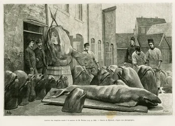 Die Ankunft der toten Delfine im Haus von Herrn Ostrom auf der Torrents-Insel. Gravur von Myrbach zur Illustration der Geschichte „Ein Monat im Archipel der Färöer“ von H. Labonne, veröffentlicht in Le Tour du monde 1887