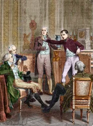 Der Erste Konsul Bonaparte spricht mit dem Mathematiker Gaspard Monge - Diskussion zwischen Bonaparte, Erster Konsul, und Gaspard Monge (1746-1818) Gravur von Félix Philippoteaux (1815-1884).