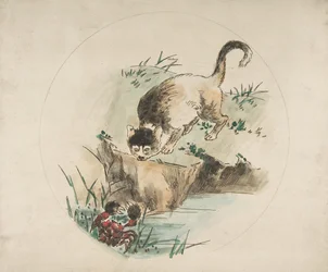 Dekoration für einen Teller: Eine Katze jagt eine Krabbe, 1850-1914