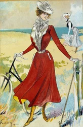 Mode Belle Époque: „Die Sportliche“ Outfit einer jungen Radfahrerin. Illustration von Felix Fournery (20. Jahrhundert), Paris, Decorative Arts