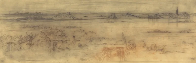 Meereslandschaft mit befestigter Stadt rechts, Inseln links und einem Cottage im Vordergrund, ca. 1882