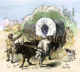 Geschichte der Siedler und der Eroberung des Westens: Amerikanische Pioniere. Pioniere wanderten zu Beginn des 19. Jahrhunderts ins Mississippi-Tal aus. Farbige Gravur von Darley.