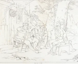 (Rip Van Winkle, Illustration) Rip mit Junto im Dorfgasthaus