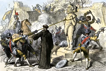 Spanische Priester zerstören die aztekischen Idole Mexikos. 19. Jahrhundert