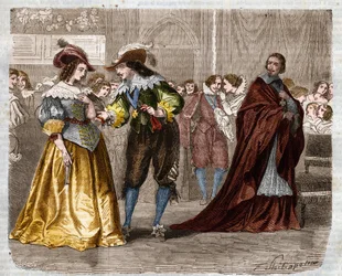 Romanserie: „Die drei Musketiere“ von Alexandre Dumas (1802-1870). König Ludwig XIII. (1601-1643) überreicht seiner Frau, Königin Anna von Österreich (1601-1666), die beiden Diamantferrets, unter dem Blick von Kardinal Richelieu (1585-1642). Illustration v