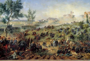 Ansicht der Schlacht von Montebello di Casteggio, 20.05.1859 Frankreich besiegt die österreichische Armee. Gemälde von Henri-Felix-Emmanuel Philippoteaux (1815-1884) 1862. Paris, Musée de l