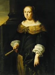 Porträt einer Dame, Dreiviertellänge, in einem schwarzen und grünen Kleid, einen Fächer haltend, auf einer Portikus