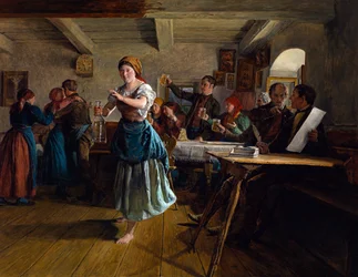 Der Eröffnungstanz. Szene in einem Café, die Kellnerin, fröhlich und barfuß, tanzt mit einer leeren Karaffe in der Hand. Um sie herum stoßen die Gäste mit ihren Bierkrügen an, auf das Wohl eines Paares.