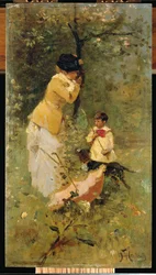 Frau und Kind in einer Landschaft