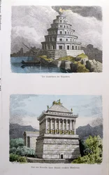 Der große Leuchtturm von Alexandria und das Mausoleum von Halikarnassos, aus einer Serie der Sieben Weltwunder veröffentlicht in Munchener Bilderbogen, 1886