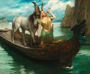 Siegfrieds Reise zum Rhein. Götterdämmerung. Sänger Hubert Leuer als Siegfried, 1908.