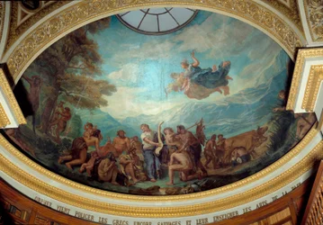 Orpheus kommt, um die noch wilden Griechen zu zivilisieren und die Künste des Friedens zu lehren. Fresko von Eugène Delacroix (1843)