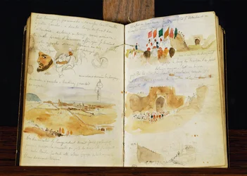Skizzen von Arabern, Landschaften von Marokko, arabische Menschenmengen, Tor von Meknes und handschriftliche Notizen